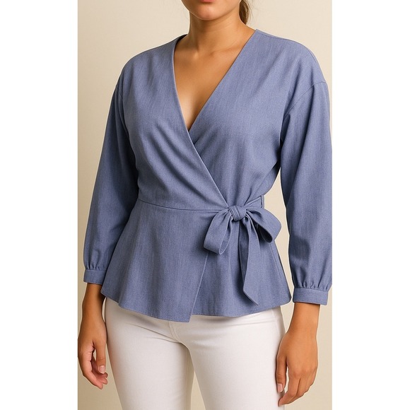 HALOGEN‎ NWT-Women's Size XS Xtra-Small Blue Wrap Around Blouse Shirt Top - Picture 1 of 11